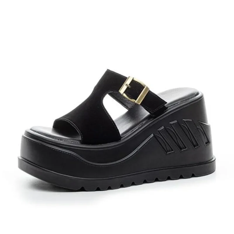 

10CM Genuine Leather Super High Slingback Mules Increase Summer Shoes Thick Bottom Fashion Vacation Casual Platform Women Pumps