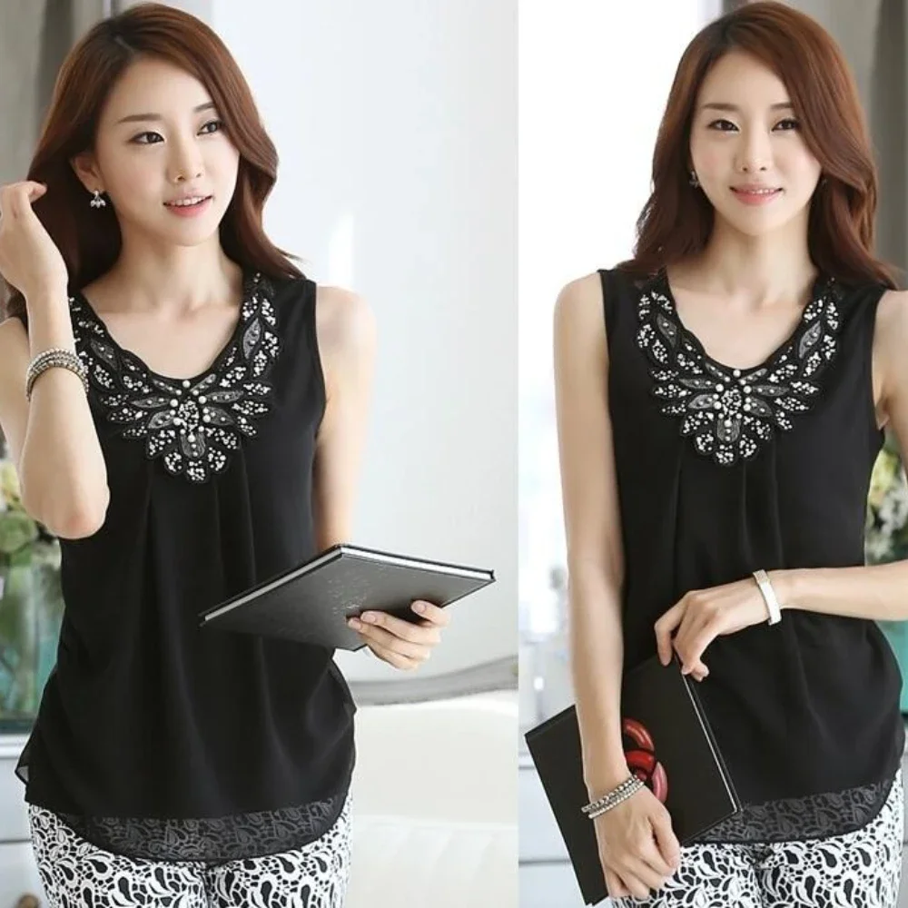 Women Blouse shirts Ladies Casual Sleeveless Sparkling diamond chiffon lace blouses Plus Size 4XL 5XL 6XL image 6