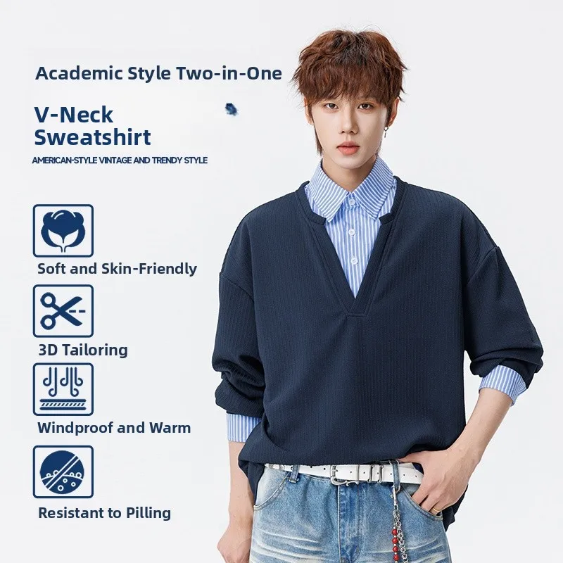 

American Sle Long Sve irt Men's Faion Brand Patchwork College Sle Spring Autumn Loose Fit T-irt Hoodie