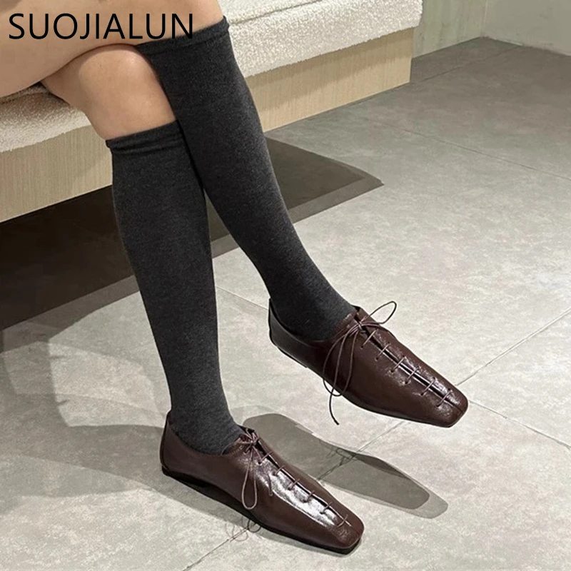 SUOJIALUN 2024 Spring New Women Flat Shoes Fashion Square Toe Lace Up Ladies Casual Laofer Shoes Soft Flat Heel Dress Single Sho