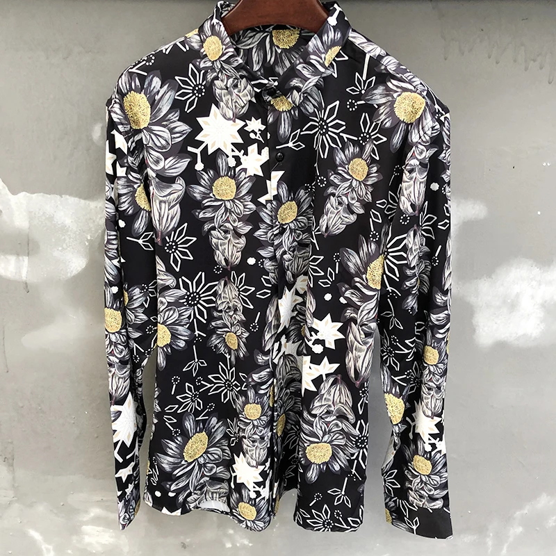 

Contrast Color Print Shirt Spring Men Long Sleeve Shirt High Quality Casual Flower Print Shirt Streetwear Social Party Blouse