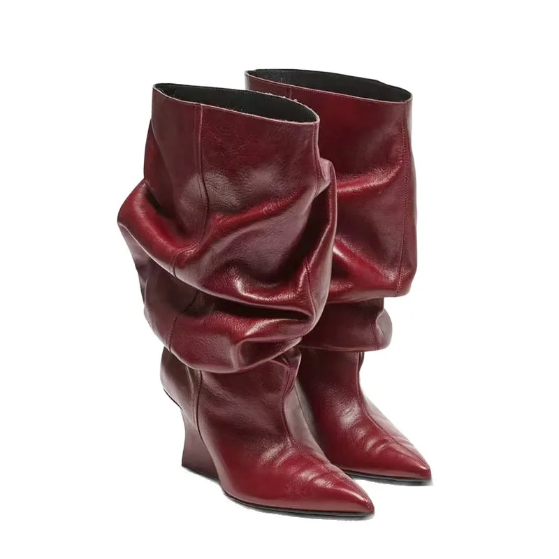 

Solid Color Leather Catwalk Style Party Fashion Boots Large Circumference High Heel Boot Pointed Toe Wedge Heels Stacked Botas