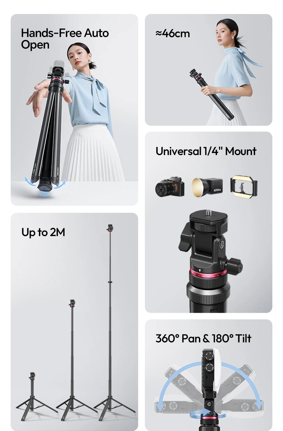 � Ulanzi MT-80 Stativ mit automatischer Öffnung, 2 m Bodenstativ, Selfie-Ständer für Kamera, Smartphone, Videoleuchte mit 360 ° Pfanne & 180 ° Neigung – Detail 2