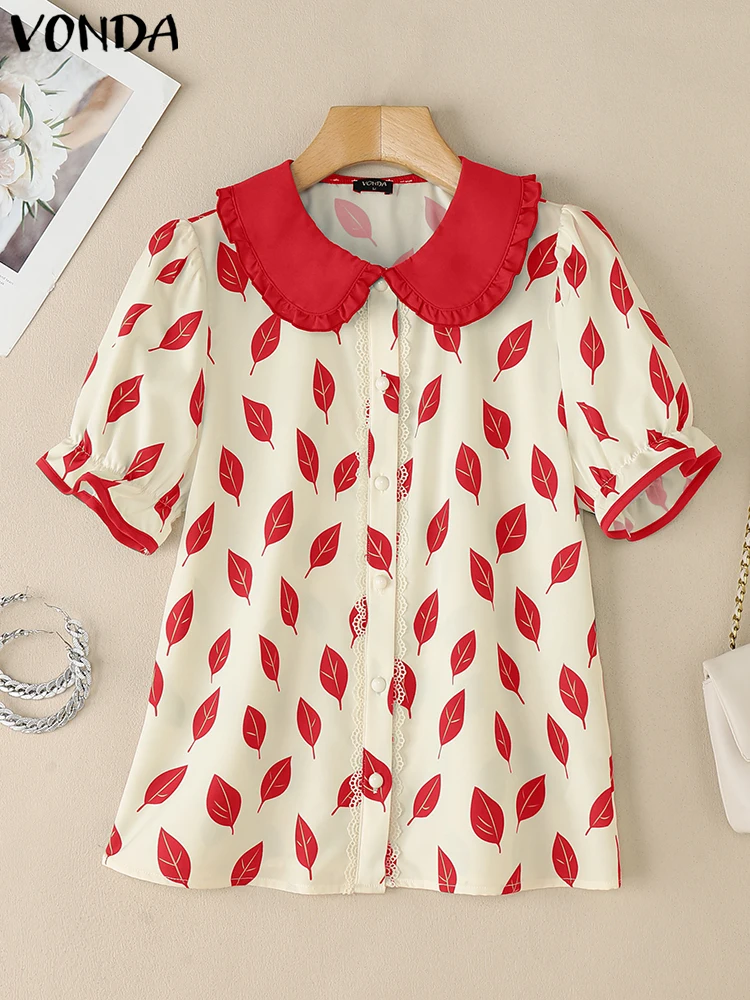 

Fashion VONDA Summer Tops Tee Short Sleeve Puff Sleeve Women Shirt Buttons Print Shirts Blusas Streetwear Oversize Tunic S-3XL