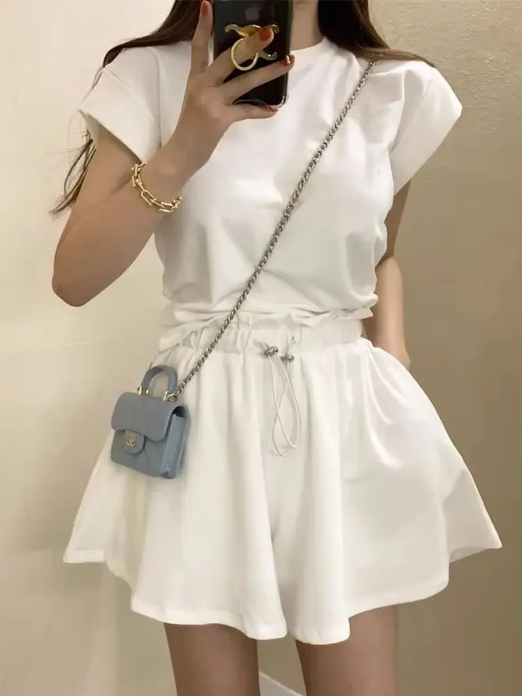 South korea Chic Summer Women's Temperament Back Slit Strap Short sleeve T-shirt Top + Drawstring Wide Leg Shorts Two-piece Set