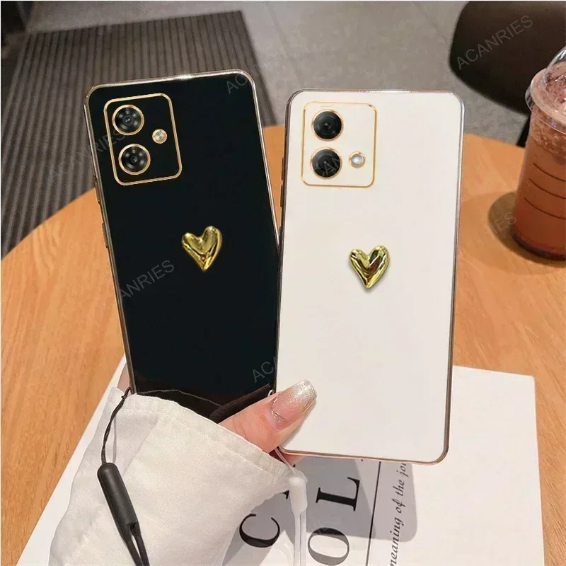 Casing lunak silikon pelapis hati emas 3D untuk Motorola Moto G84 5G G54 G53 G23 G13 G82 G52 G32 G22 penutup belakang G 84 54 53 23 13 82