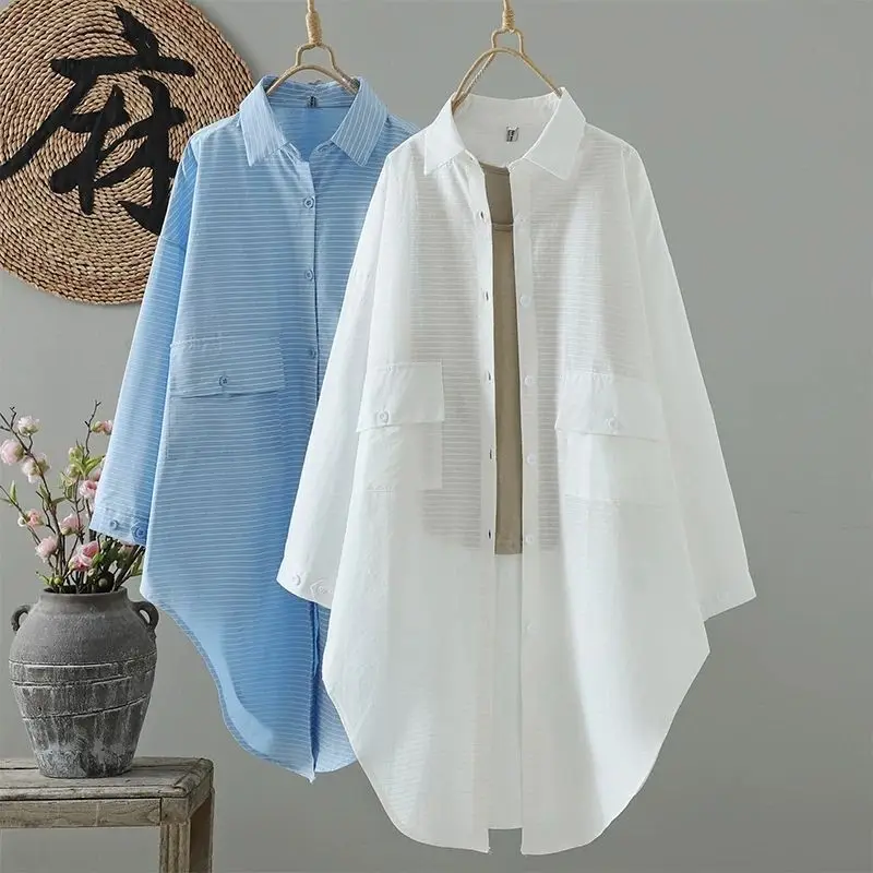 

Minimalism Mori Girl Light Blue Striped Long Shirt Button Down Oversized Cotton Tunic Dress Harajuku Chic Literary Casual Outfit