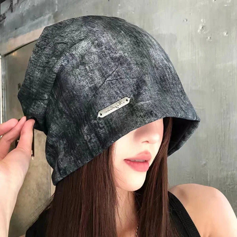 Black Gradient Women's Beanie Spring/Summer Retro Trendy Pullover Thin Loose-Fitting Headwrap Baggy Cap
