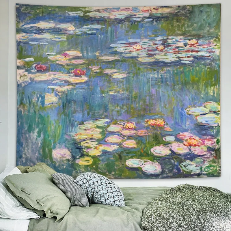 VIKAMA Monet Wandleinwand mit Seerosen, Wandteppich mit grünen Blumen und Pflanzen, geeignet für Mädchen und Jungen im Schlafzimmer, Wanddekoration
