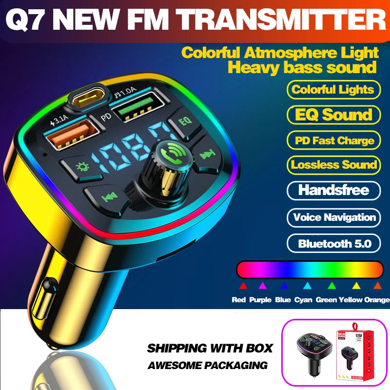 Bluetooth 5.0 FM Transmitter PD 18W Type-C Dual USB 4.2A Car Phone Charger Colorful Ambient Light U-disk TF Card Music For Radio