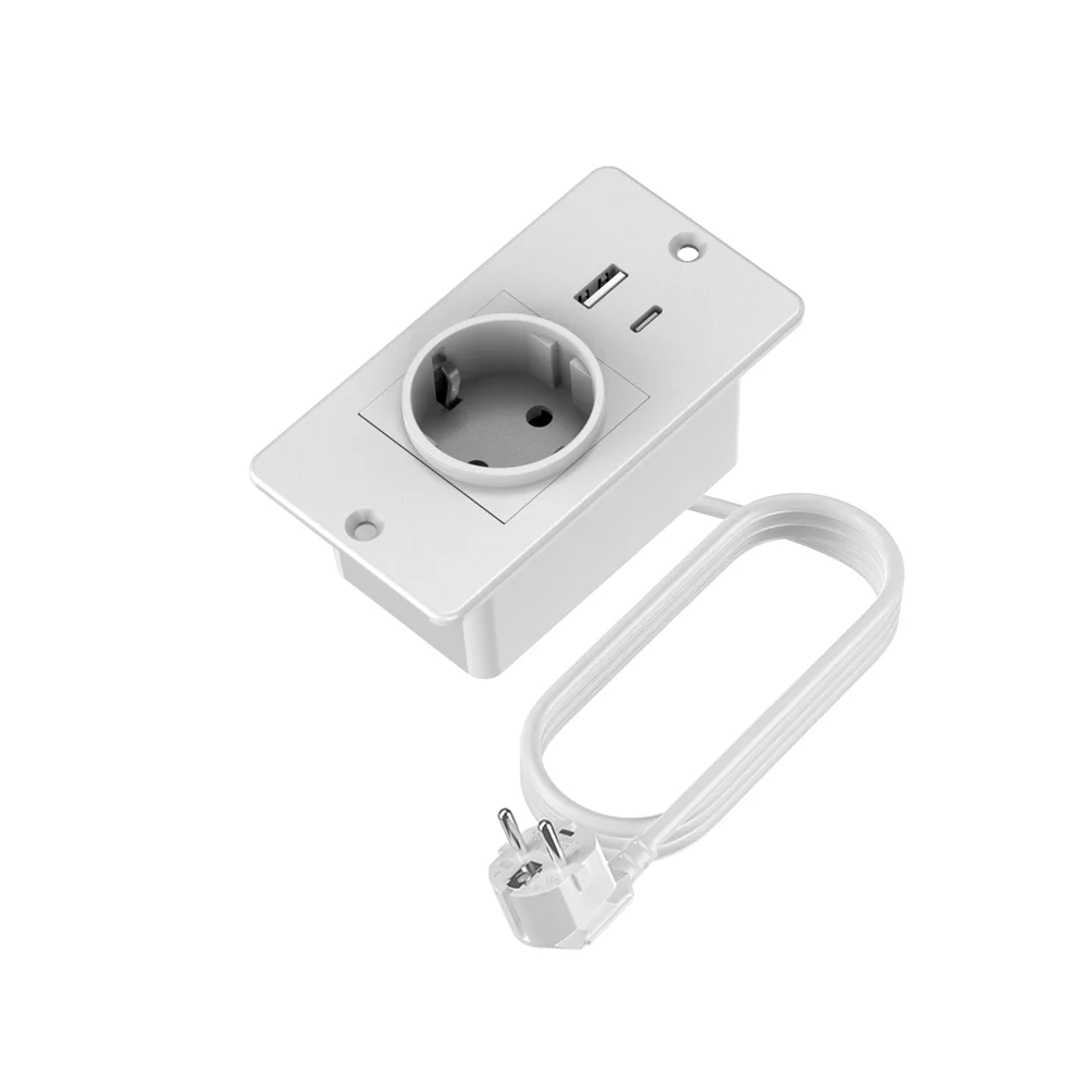 Regleta de alimentación empotrada con USB-A y Tipo-C y 1 toma de CA, cable de extensión de 4.92 pies, toma de corriente empotrada para el hogar, oficina, cocina, color blanco