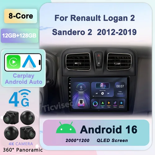 Reproductor de vídeo Multimedia de Radio de coche Android 16 para Renault Logan 2 Sandero 2 2012 - 2019 2 Din navegación GPS estéreo DVD carplay