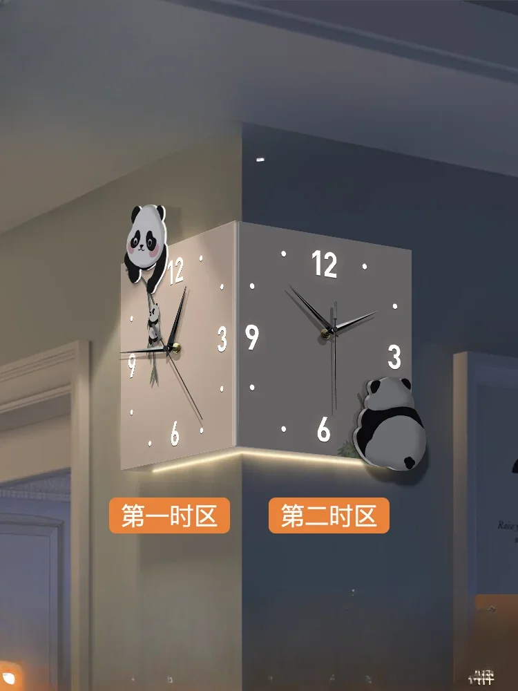 Living room corner double-sided wall clock without punching panda black and white simple luminous clock wall lamp corner clock w