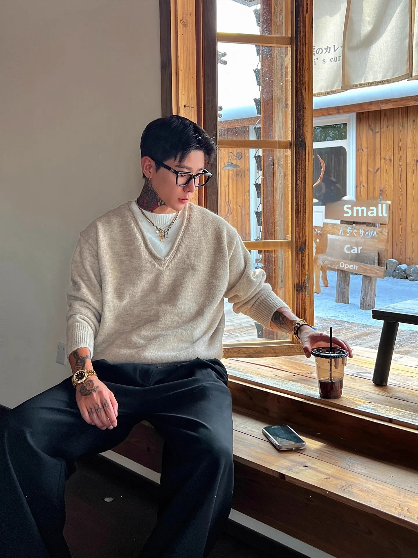 

Loose Fit Men's Knitted Sweater Deep V-Ne Wool Blend Fake Two-Piece Casual Long Sve Thermal Wear Polyester Fiber