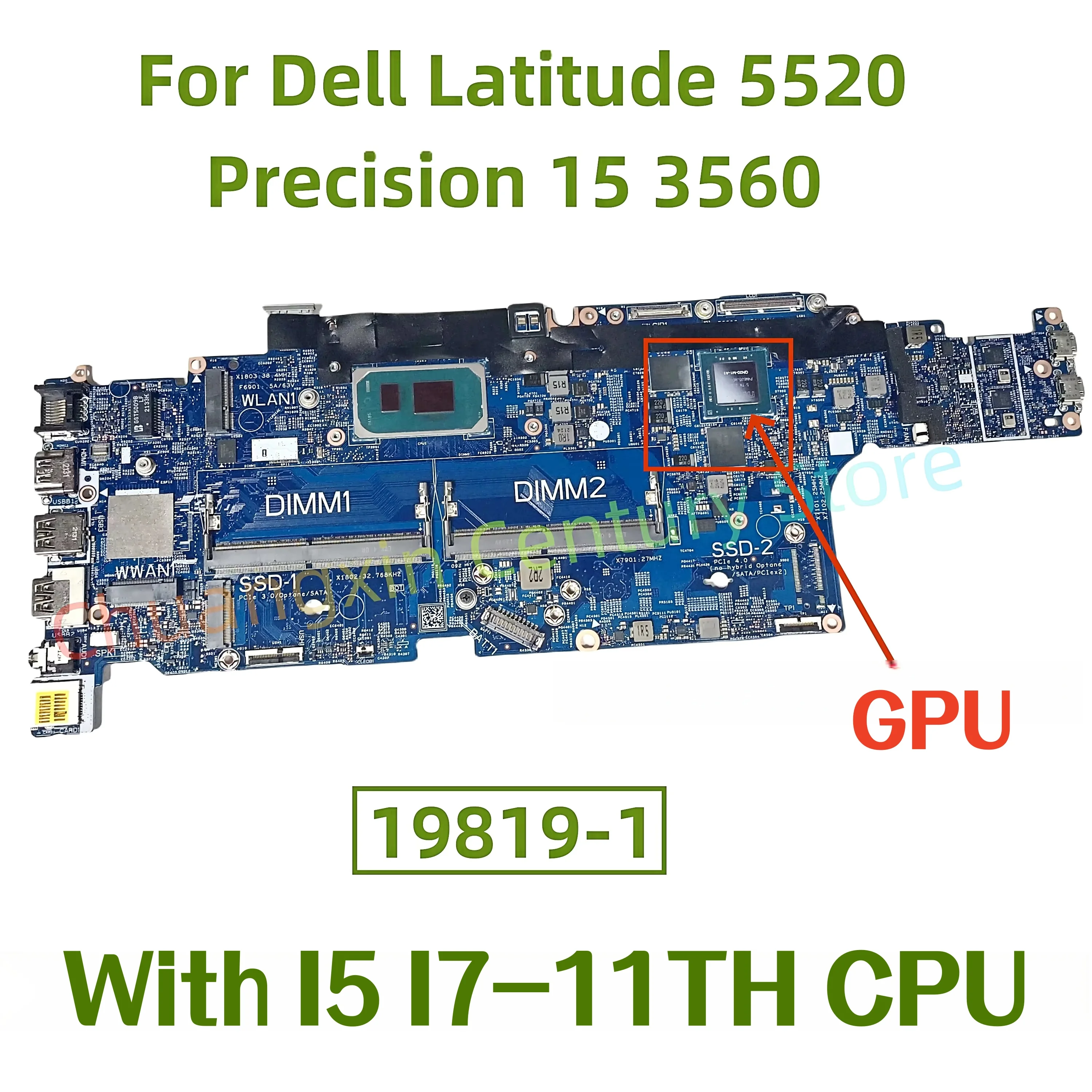

19819-1 Motherboard for Dell Latitude 5520 Precision 15 3560 Laptop with CPU: I5 I7-11TH GPU 100% test ok