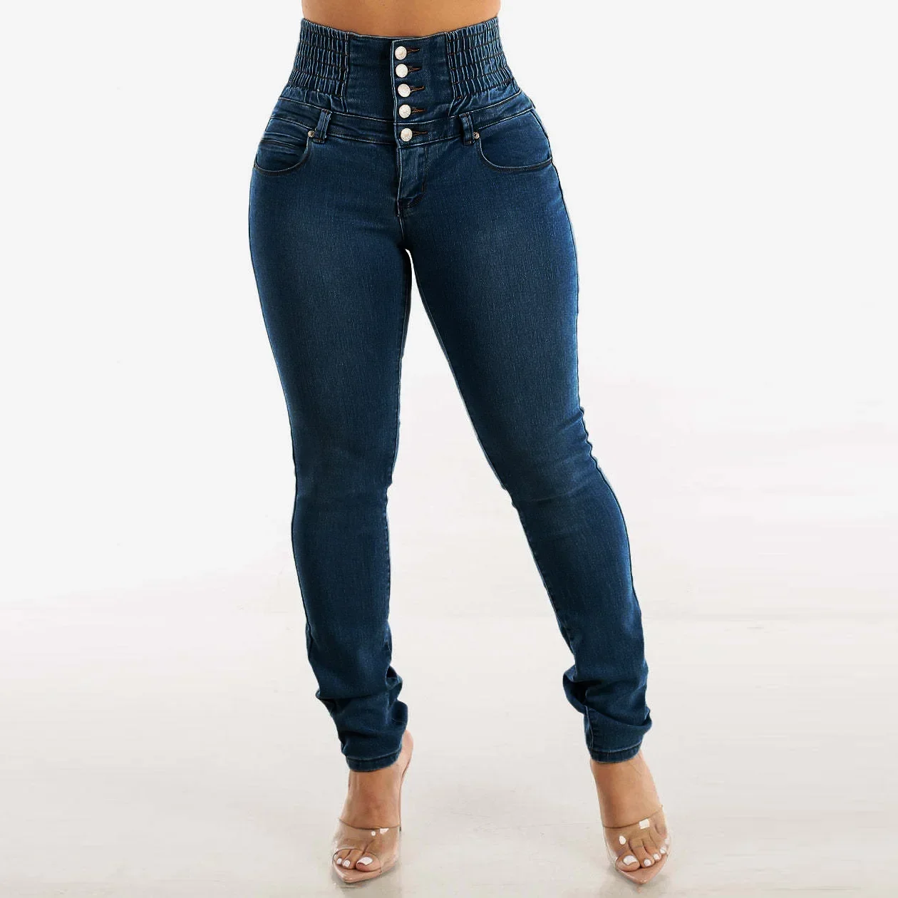 

Pencil Pants for Women Streetwear Jeans Strecth High Waist Washed Pockets Distressed Buttons Skinny Trousers 2025 Vintage Denims