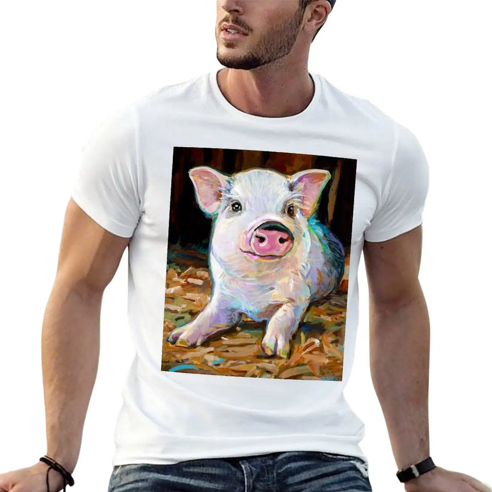 Cute Farm Pig in Barn Painting by Robert Phelps T-Shirt Big Size Loose Fit Tee Shirt