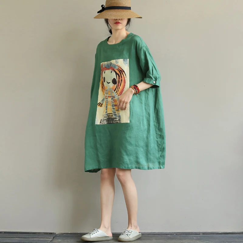 

Korean Style Cartoon Print Linen Short Sleeve Dress Women's Summer Loose Midi Cotton Linen Dress Commute round Neck A-Line Skirt