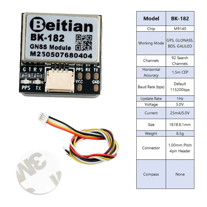 Modulo Beitian BK-182 Nano GNSS, chip M9140, GPS a 4 sistemi/GLONASS/BDS/Galileo, CEP da 1,5 m, 92 canali, cavo 1.0-4P, per drone/veicoli