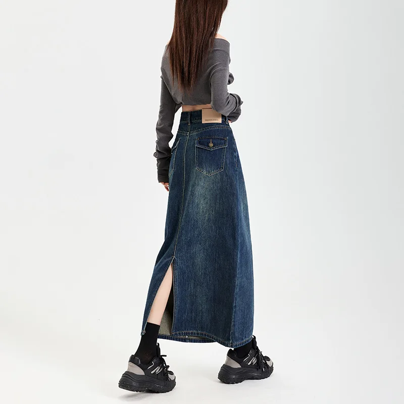 

Vintage Blue High-Waisted Skirt Women, Spring And Autumn New Mid-Length Bodycon Skirt, Hot Girl Trend