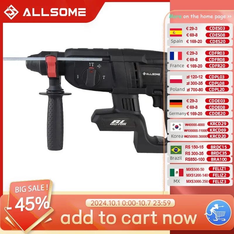 ALLSOME 21V Brushless Cordless 1/2 in. SDS-PLUS Type Rotary Hammer – Tool Only