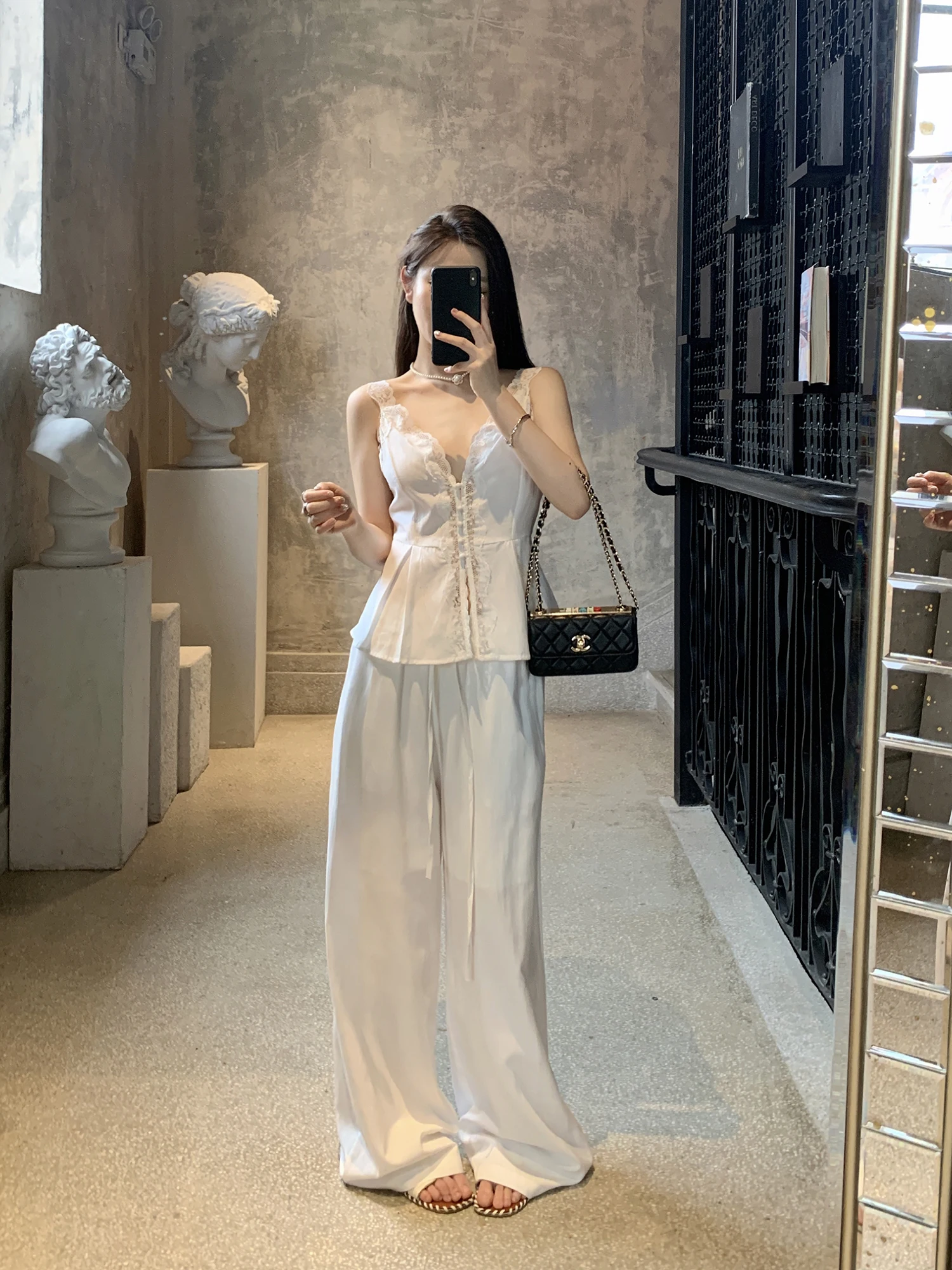

Sexy Slimming ey Vest Top And Long Pants Two-Piece Set with V-Ne ort Sve Casual Leisure Women's Faion Ensemble