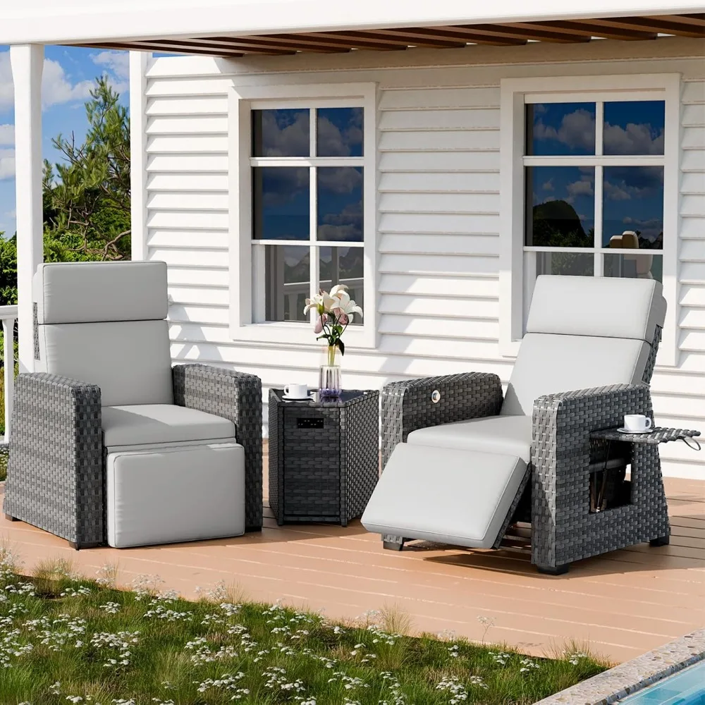 

Outdoor Lounge Chairs Set of 2, Patio Reclining Sofa Rattan with 160° Adjustable Recline, Extendable Footrest, Rotating Side Tab