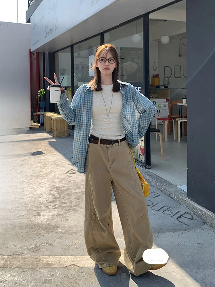 

Khaki Straight Leg Knife Pants Women's Jeans Loose Korean Style Spring New Arrival Wide Leg Pants High Waist Zipper Closure
