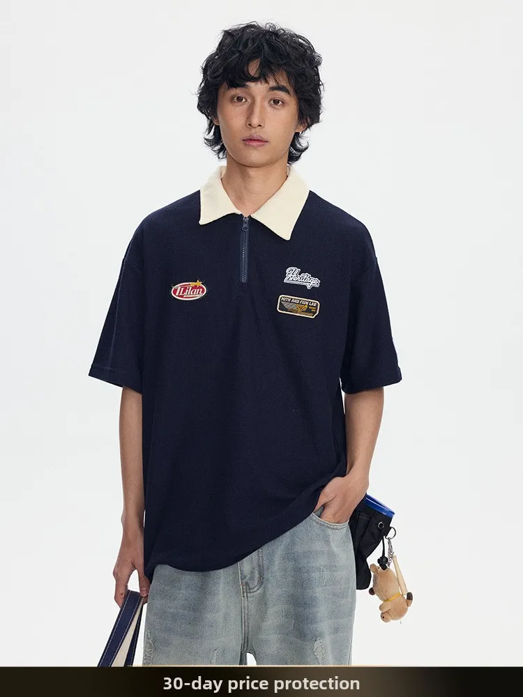 

Модная американская ретро-футболка с цветными блоками и молнией, летняя, трендовая, для пар, молодежная, свободного кроя