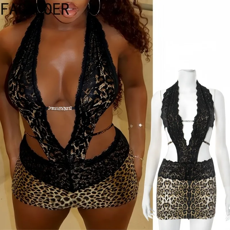 FAGADOER été nouveau Sexy imprimé léopard robe moulante femmes dentelle Patchwork profond V évider robes femme Streetwear robes