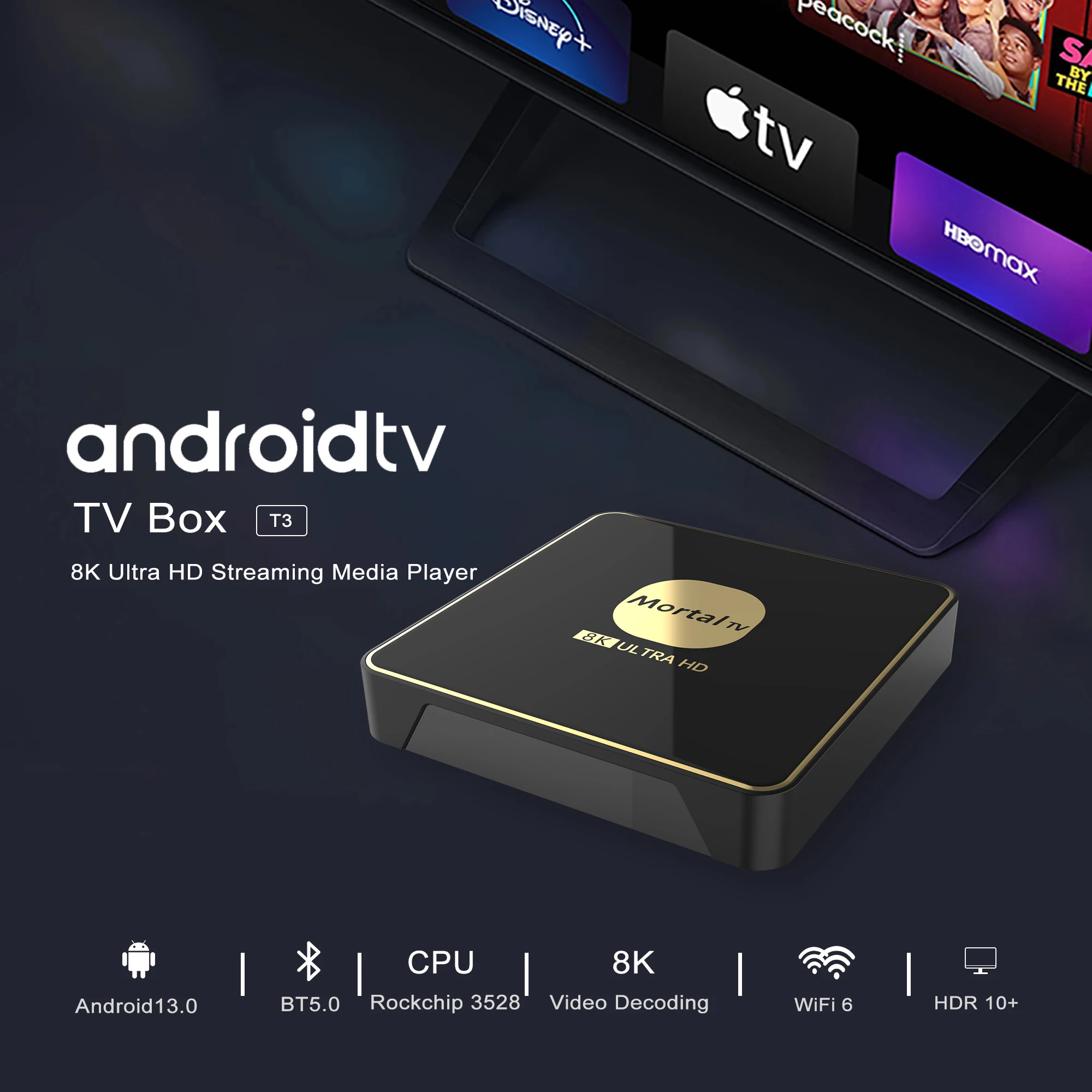 مشغل الوسائط العالمي MORTAL T3 ROCKCHIP3528 رباعي النواة Android 13 TV Box WIFI6 4K HDR 4GB64GB H.265 Netflix Youtube