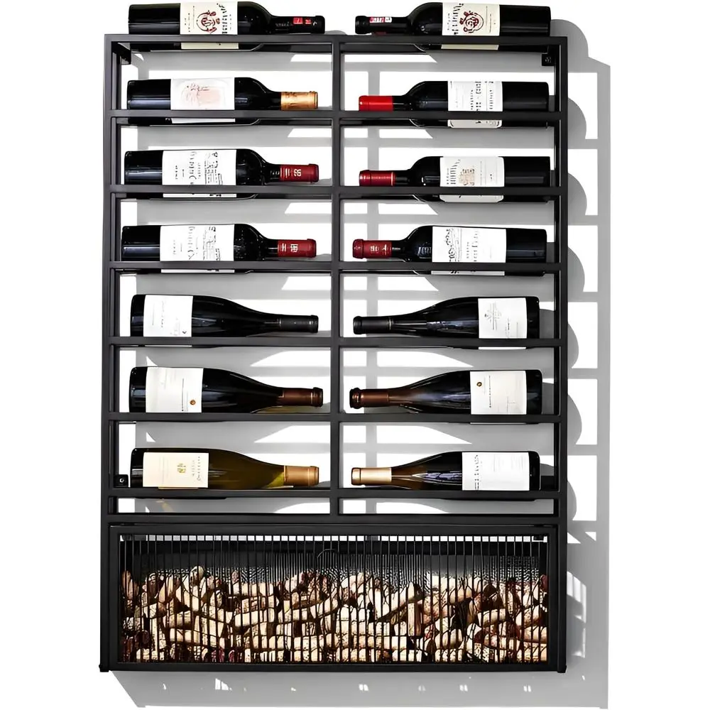 14-Bottle Gallery Wall Wine Rack with Cork Catcher - Black Powder-Coated Iron, Wall Mounted Bar & Dining Room Décor