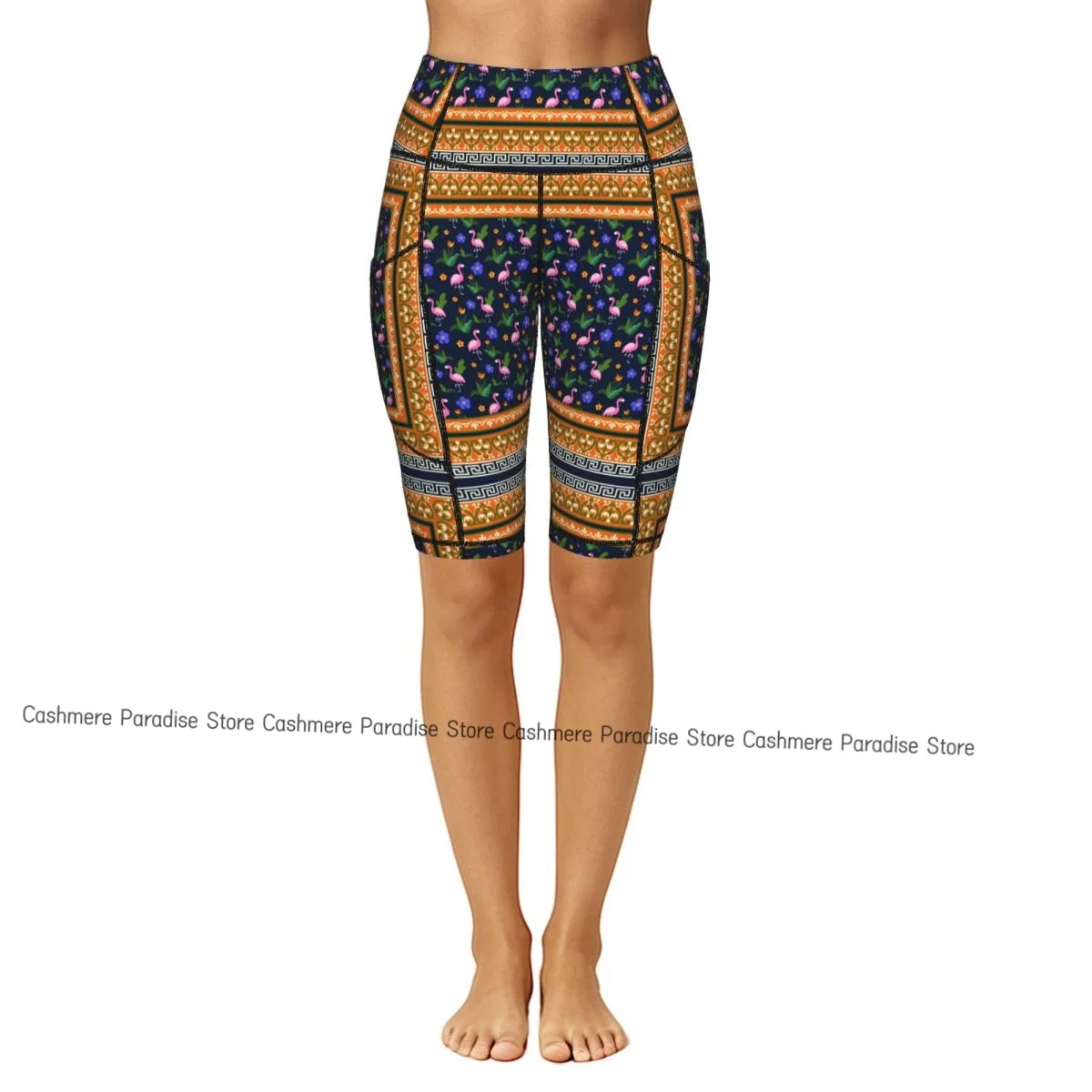 Double Pocket Sports Shorts Women Elastic Slim Luxury Flowers Shorts Gym Exercise Running High Waist Yoga Fitness Shorts