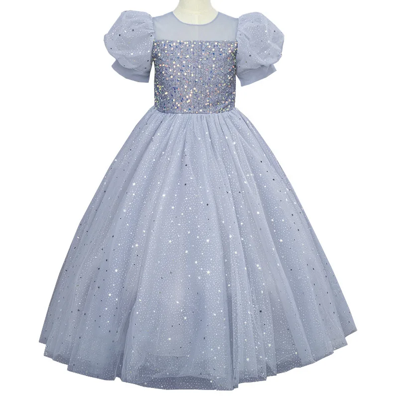 2024 neue Mädchen Kleid flauschige Gaze Blase ärmel ige lange Rock Seite Junge Prinzessin Kleid Mädchen Spaziergang Show Klavier Abendkleid