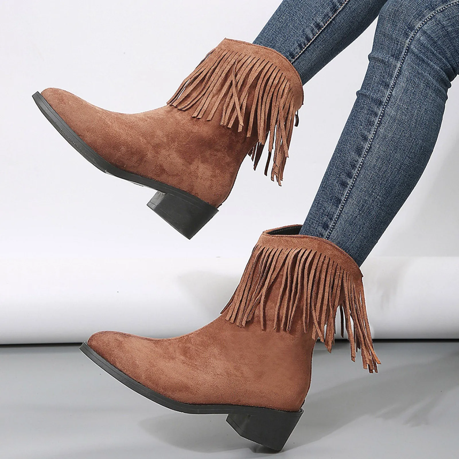 

Retro Tassel Boots For Women Autumn And Winter New Pointed Thick Heels Solid Western Denim Short Boots For Women Boots Lace up