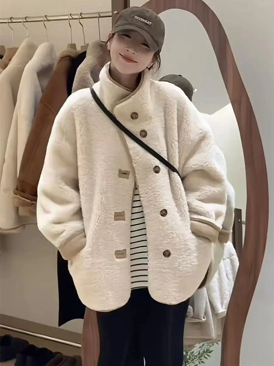 

Lamb Wool Jacket Korean Style Woman Baseball Varsity Motobiker Waterproof Uniformed Outdoors Motorcycle Riding Handsome Edge Ins