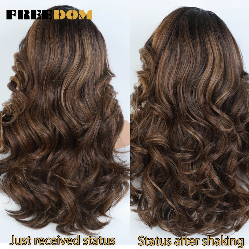 FREEDOM Syntetyczne koronkowe peruki dla czarnych kobiet Body Wave Lace Wig 22 inches Ombre Chocolate Brown Blonde Wigs Cosplay Wig