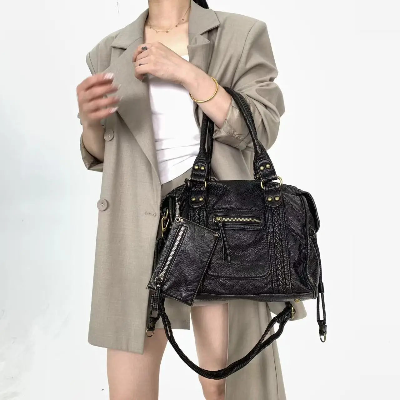 Retro Washed Black Leather Shoulder Bag, Convertible Satchel with Braided Detail, Antique Brass Hardware & Removable Mini Pouch