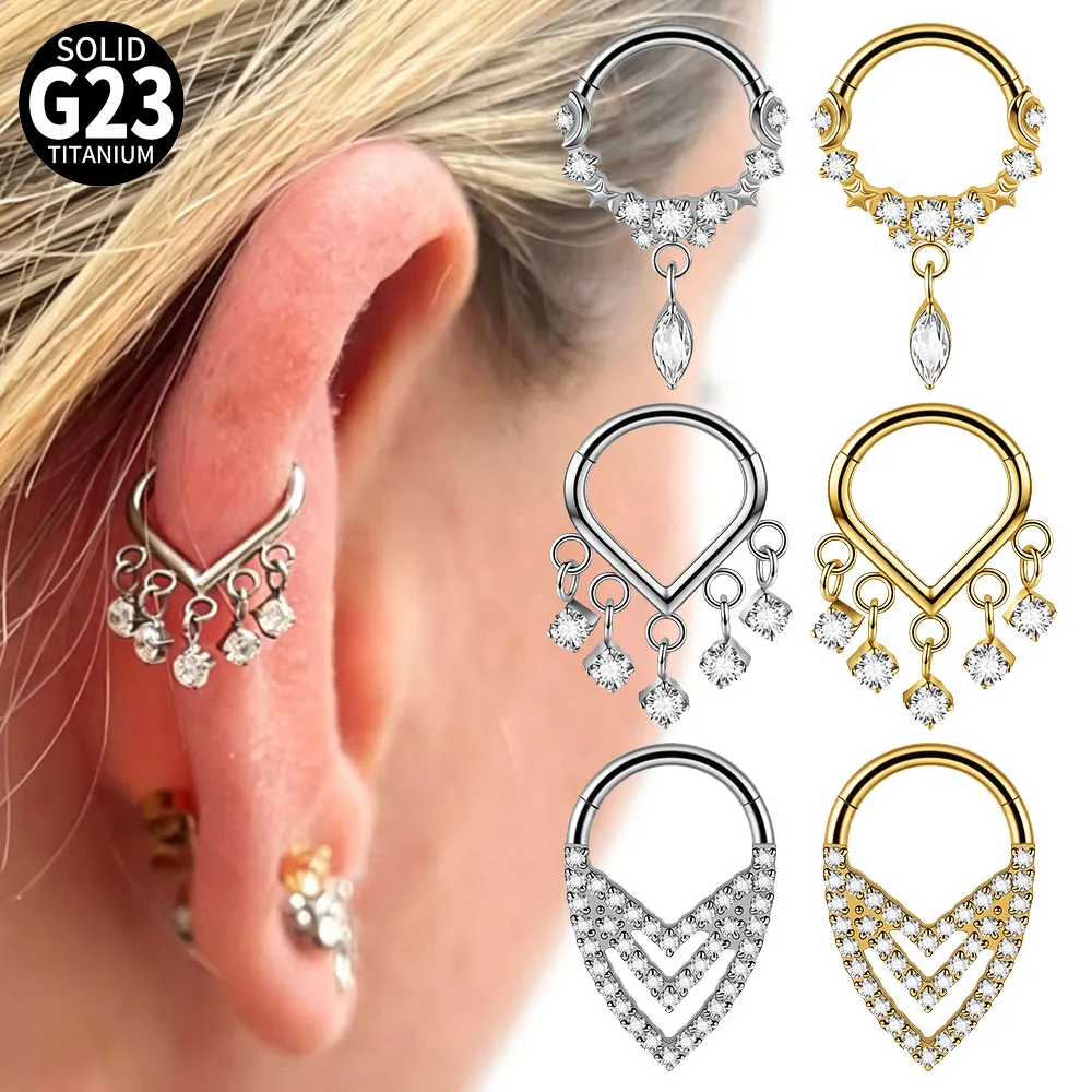 Pendientes de Titanio G23 con Segmentos Articulados de Estrella y Luna, Anillo Clicker para Septum con Circonita Cúbica, Aro Colgante con Zirconia Marquise, Clicker para Tragus, Helix, Daith, Calibre 16G