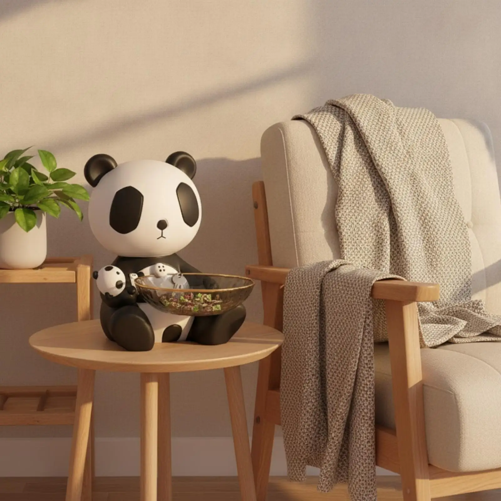 Panda Statue Decorative Tray Resin Gold Tone Rim Catchall Dish Functional Organizer for Hallway