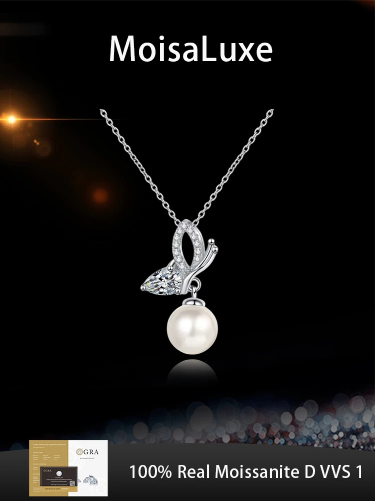 

MoisaLuxe Official Store GRA Moissanite Plata Sterling 925 Silver Pearl Butterfly Wings Pendant Necklace Jewelry for Women