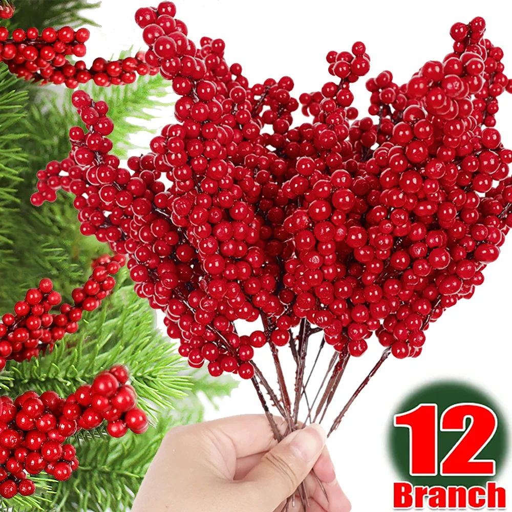 12/1Pcs Christmas Red Berries Artificial Fruit Holly Berry Stamen Bouquet For Christmas Wedding Party Decoration Home DIY Crafts