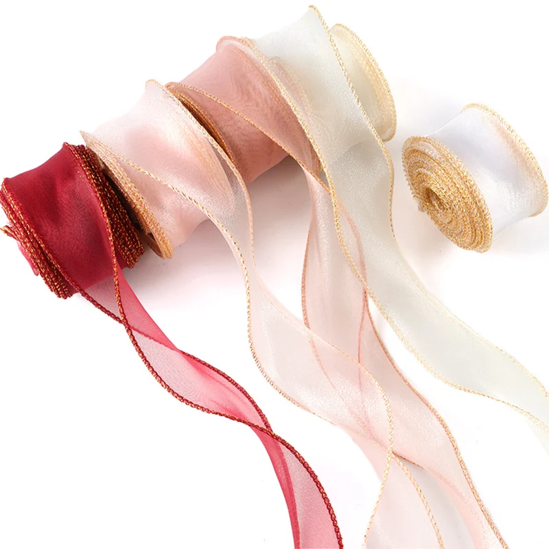 (10 Yards/pack) 4cm Gold Edged Fishtail Ribbon Organza Fresh Flower Tie Ribbons Cake Decoration Gift Box Packaging Bow DIY Lace