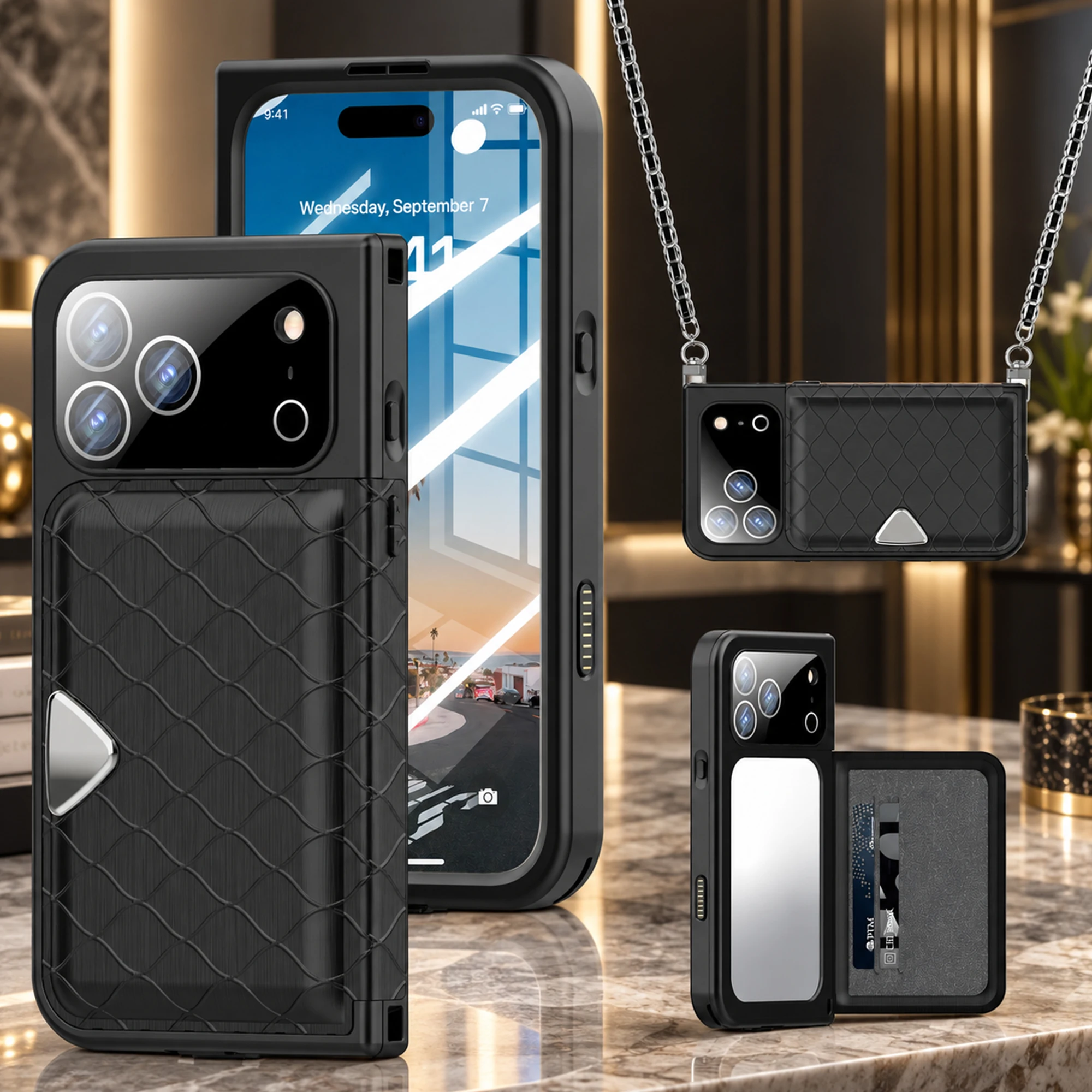 For iPhone 17 Pro Max Wallet Phone Case with Mirror Hidden Card Holder Textured Orange Protective Cover