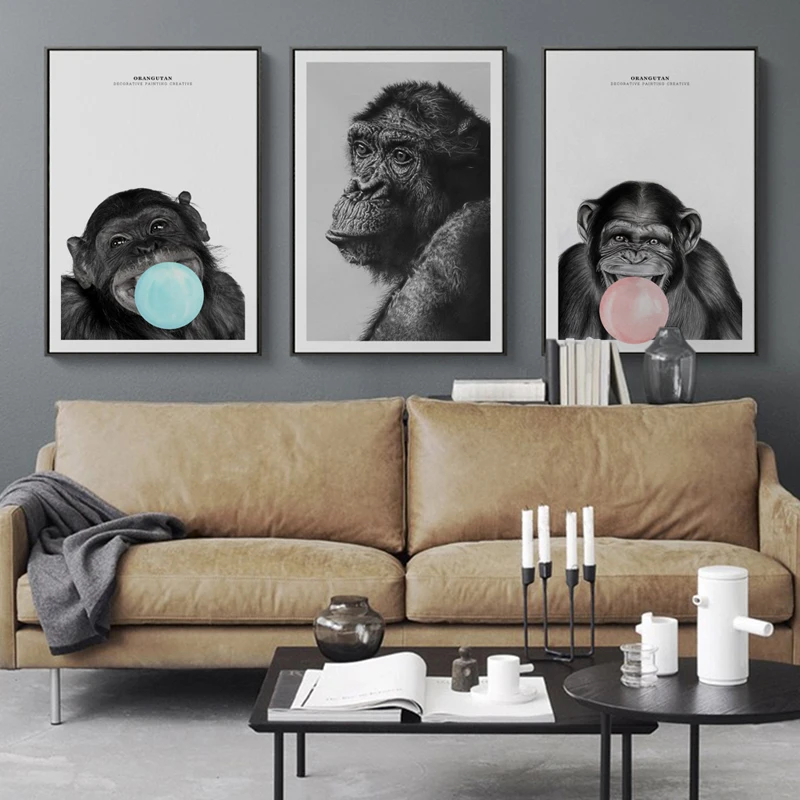 

3pcs/Set Animal-blowing Bubble Gorilla Canvas Poster Wall Art Picture Wall Decor Nordic Children's Room Nursery Home Decoration