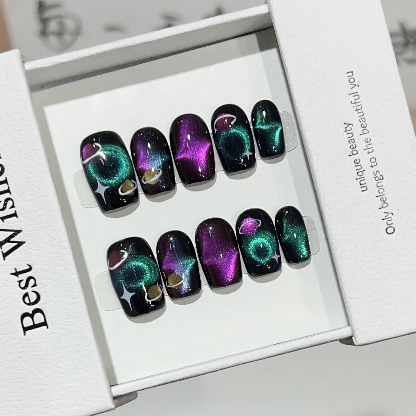 10 pçs doce legal imprensa em unhas y2k artesanal aurora estrelas unhas falsas brilhante olho de gato unhas conjunto imprensa em caixão retro unhas falsas