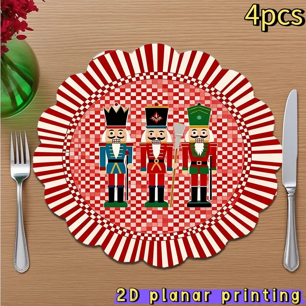 VIKAMA Round Christmas Placemats Nutcracker Check Linen Mats Non-Slip Heat Resistant for Xmas Holiday Table Setting Decor