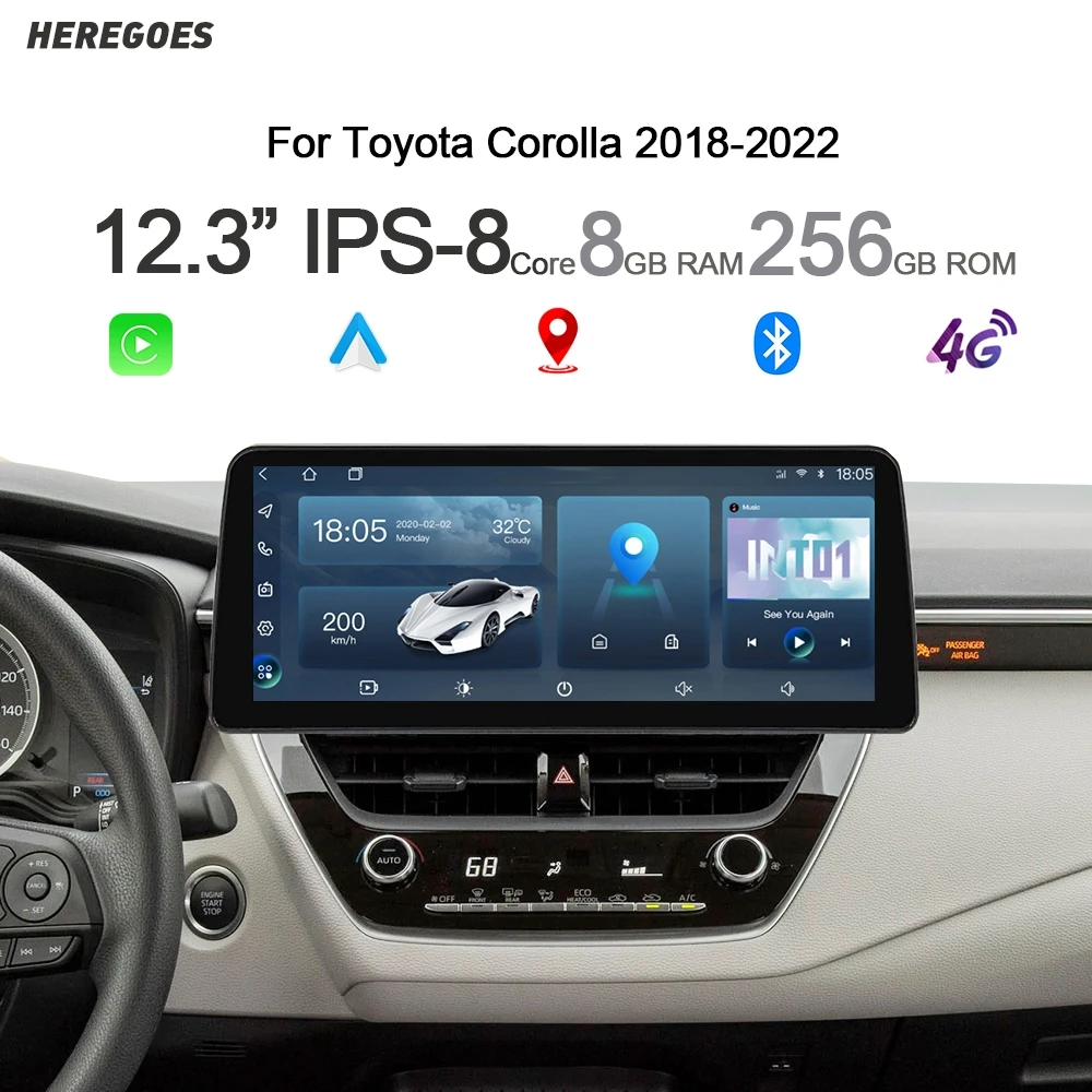 

Carplay 12,3 "Android 14 8-ядерный автомобильный DVD-плеер 8 + 256 ГБ навигация Wifi GPS радио для Toyota Corolla 2018 2019 2020 2021 2022