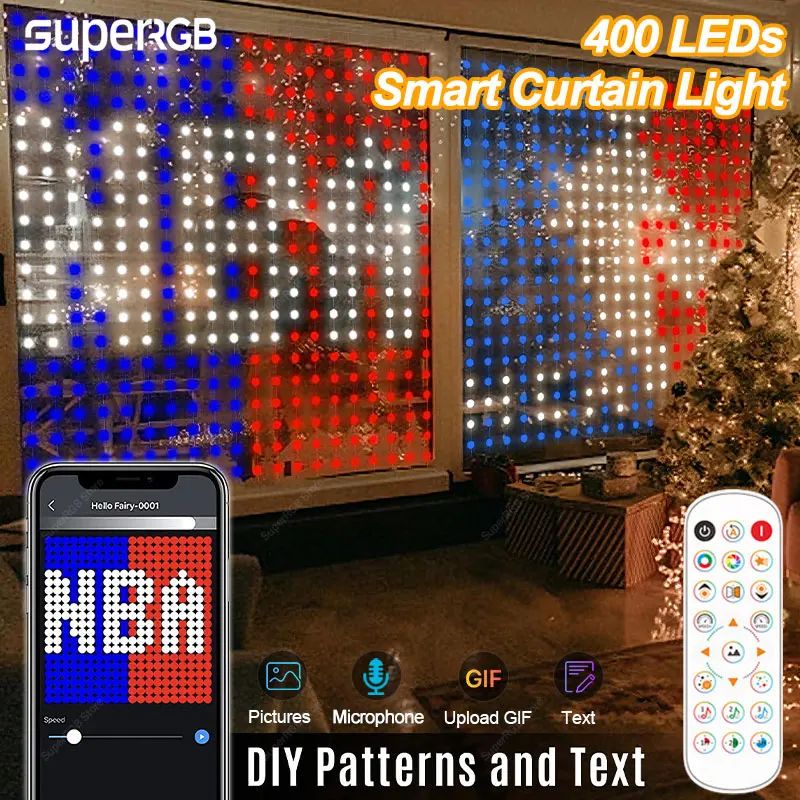 400LEDs Smart Curtain Light String USB Plug Remote Bluetooth App Control LED DIY Text Cartoon Music Change for Room Decorations