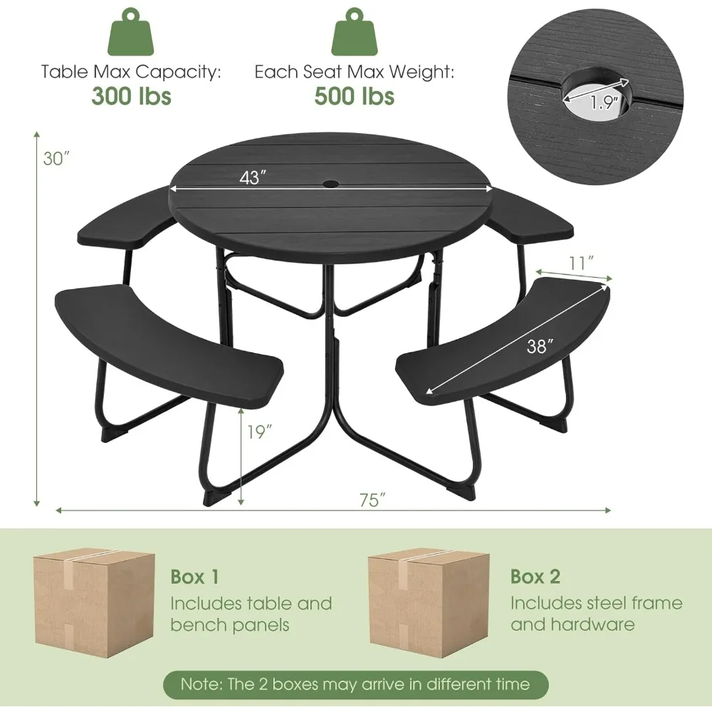 Table Set for Up To 8 Persons, Round Outdoor Bench Set with Umbrella Hole, Metal Frame, 2000Lbs Capacity, Outdoo Tables